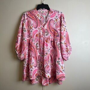 Umgee Womens Pink Paisley Tiered Babydoll Tunic Top V-Neck 3/4 Sleeve  Small